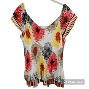 Piano Capped Sleeve Ribbed Polyester Vibrant Floral Top Women's Size L